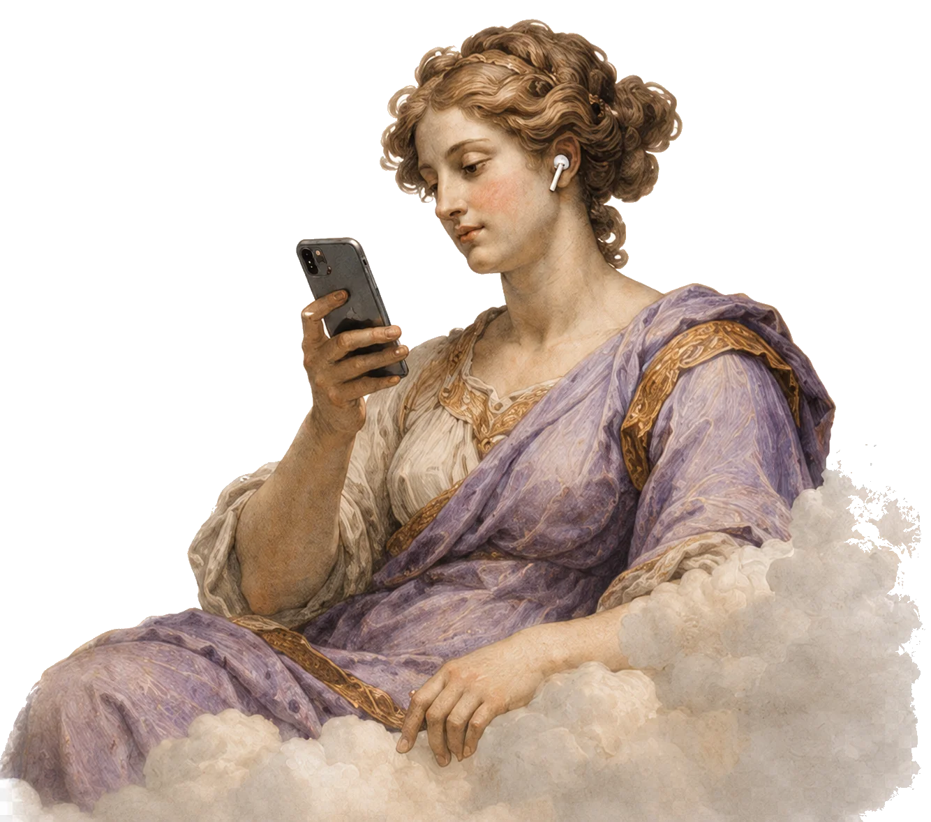 Classical illustration of a podcast listener holding a phone